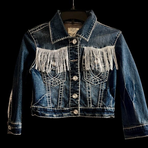 Custom One Of A Kind "Diva" Fringe and Rhinestone Jean Denim Jacket Kids Size L - Picture 2 of 6